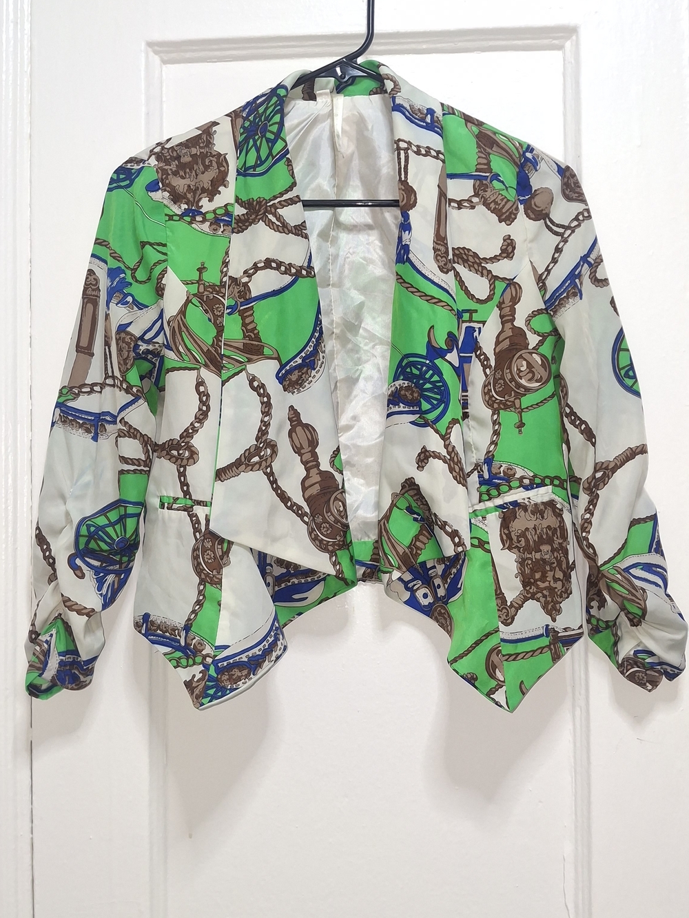 Women’s Printed Open Front Blazer Jacket Green Blue Chain Print Size Small